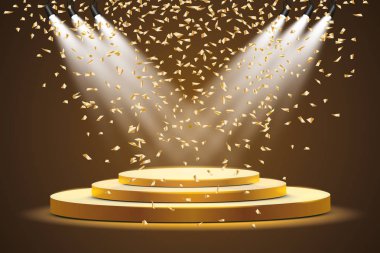 Sis ve konfeti, ilk etapta, şöhret ve popülerlik ile karanlık bir arka plan üzerinde bir projektör ile altın podyum. Vektör çizim