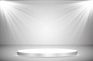 Yuvarlak podyum, kaide veya platform gri arka plan üzerinde spot ışıkları ile aydınlatılmış. Doğal ışıklarla sahne. Vektör çizimi.