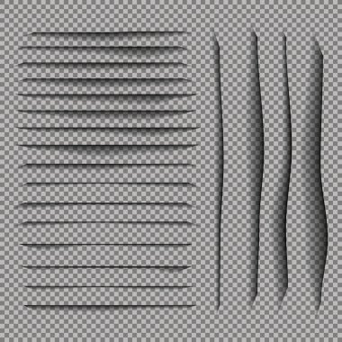 Sayfa ayırıcı saydam gölgeler izole. Sayfaları ayırma vektör kümesi. Gerçekçi şeffaf gölge illüstrasyon