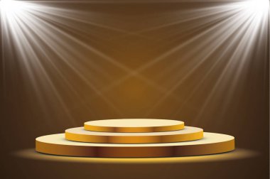 Karanlık bir arka plan, ilk yer, şöhret ve popülerlik bir spot ışığı ile altın podyum. Vektör çizim