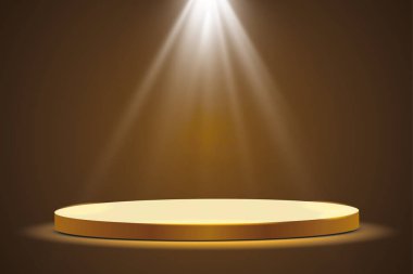 Karanlık bir arka plan, ilk yer, şöhret ve popülerlik bir spot ışığı ile altın podyum. Vektör çizim