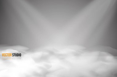 Yuvarlak podyum, kaide veya platform gri arka plan üzerinde spot ışıkları ile aydınlatılmış. Doğal ışıklarla sahne. Vektör illüstrasyon. Duman ve sis