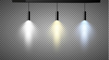 Şeffaf bir arkaplanda renkli projektörler. Spot ışıklarıyla parlak bir ışık. Projektör beyaz, mavi