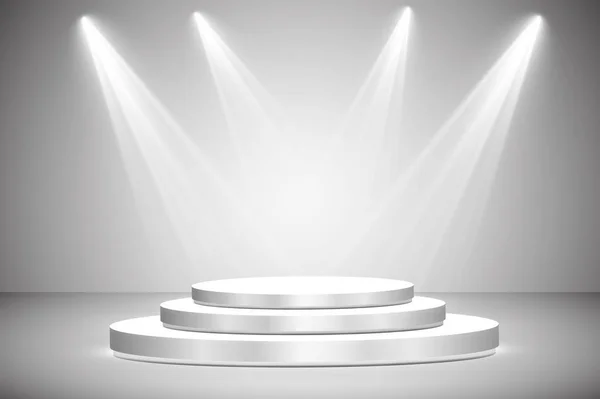 Round podium, pedestal or platform illuminated by spotlights on grey background. Stage with scenic lights. Vector illustration. — Stock Vector