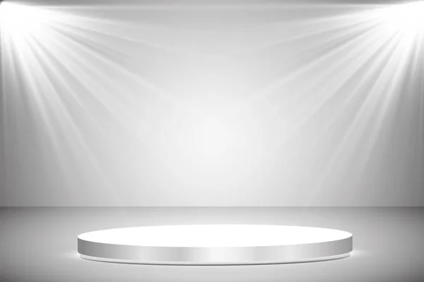 Podio redondo, pedestal o plataforma iluminada por focos sobre fondo gris. Escenario con luces escénicas. Ilustración vectorial . — Vector de stock