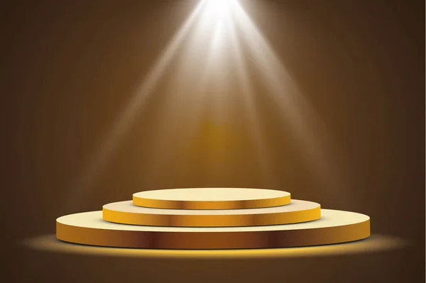 Karanlık bir arka plan, ilk yer, şöhret ve popülerlik bir spot ışığı ile altın podyum. Vektör çizim