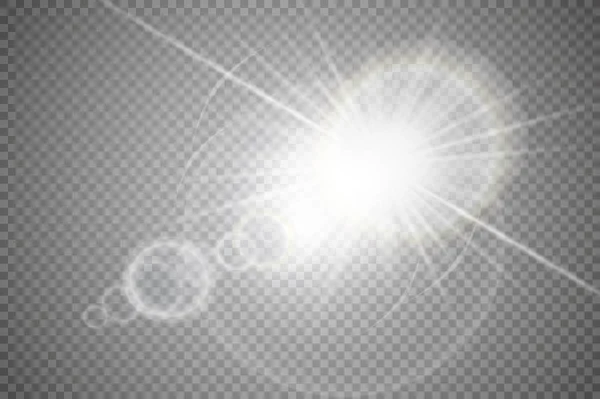 Efecto de luz de destello de lente especial de luz solar transparente vectorial. Flash de sol con rayos y proyector — Vector de stock