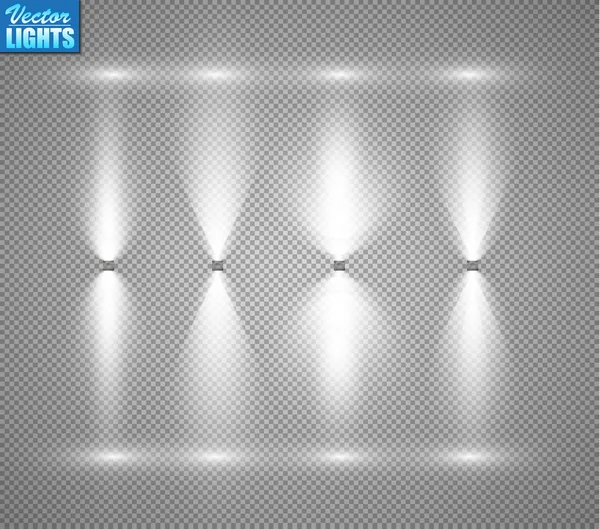 Set di proiettori su sfondo trasparente. Illuminazione luminosa con faretti. Il faro è bianco . — Vettoriale Stock