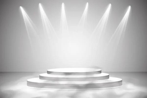 Round podium, pedestal or platform illuminated by spotlights on grey background. Stage with scenic lights. Vector illustration. Smoke and fog — Stock Vector