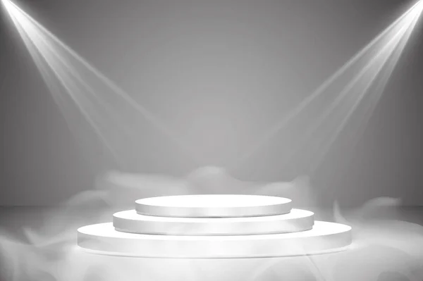Yuvarlak podyum, kaide veya platform gri arka plan üzerinde spot ışıkları ile aydınlatılmış. Doğal ışıklarla sahne. Vektör illüstrasyon. Duman ve sis