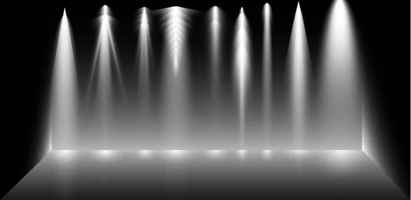 Set of searchlights on a black background. Bright lighting with spotlights. The searchlight is white. — Stock Vector