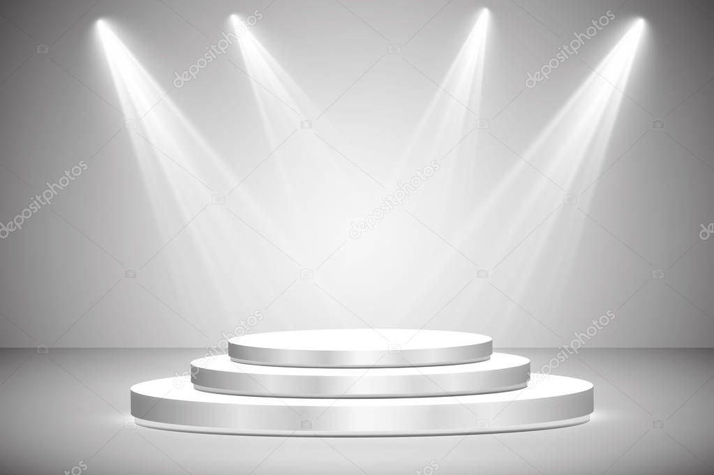 Round podium, pedestal or platform illuminated by spotlights on grey background. Stage with scenic lights. Vector illustration.