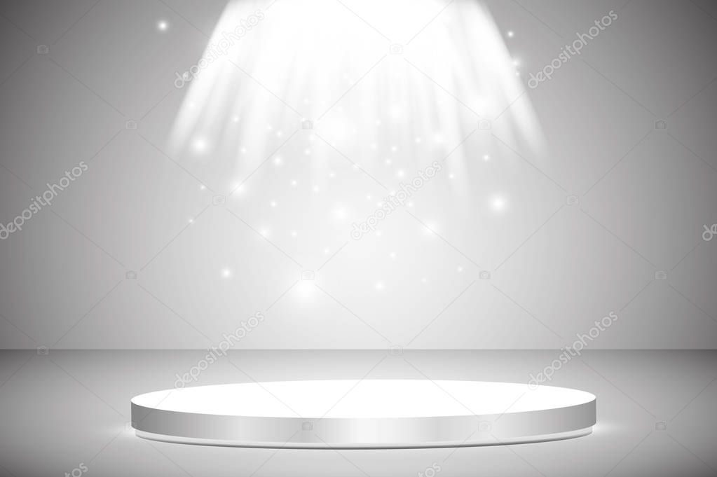 Round podium, pedestal or platform illuminated by spotlights on grey background. Stage with scenic lights. Vector illustration.