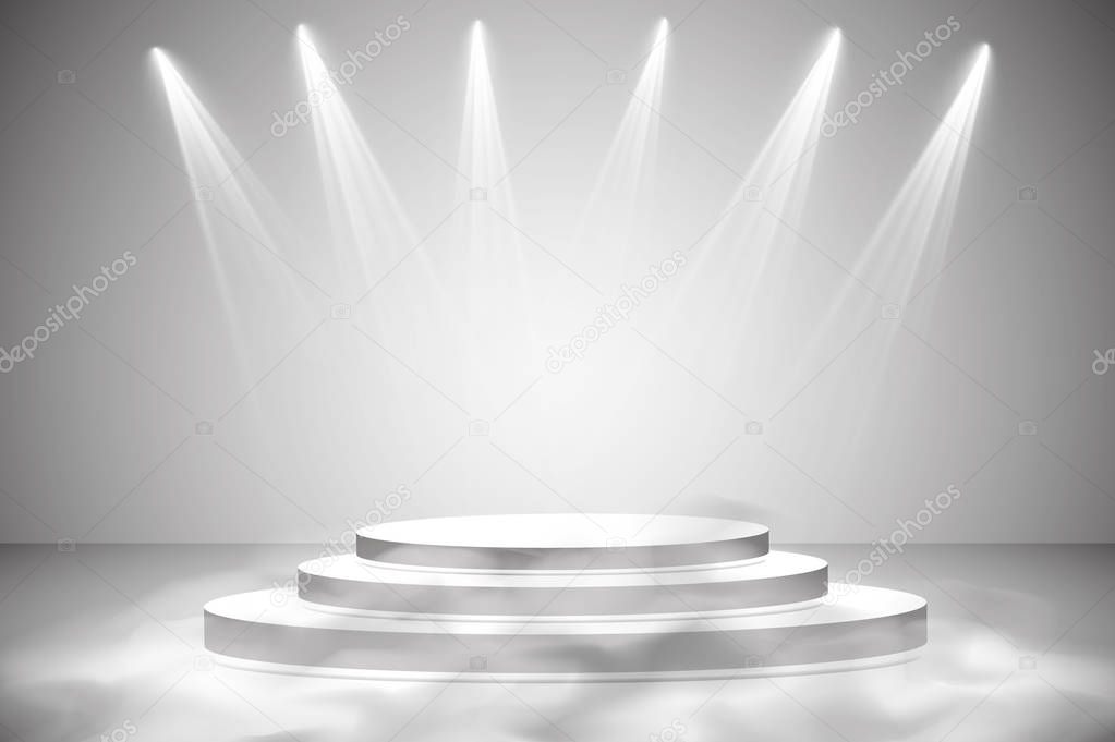 Round podium, pedestal or platform illuminated by spotlights on grey background. Stage with scenic lights. Vector illustration. Smoke and fog