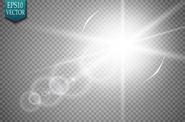Vektör şeffaf güneş ışığı özel lens ışık efekti. Güneş ışığı ve spot ışıklarıyla parlıyor