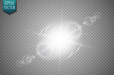 Vektör şeffaf güneş ışığı özel lens ışık efekti. Güneş ışığı ve spot ışıklarıyla parlıyor