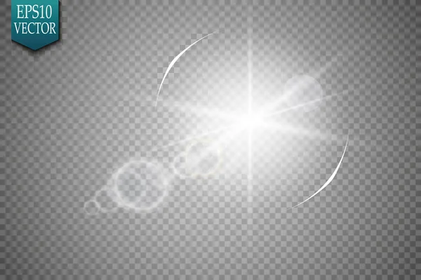 Διάνυσμα διαφανές φως του ήλιου ειδικό φως φωτοβολίδα επίδραση. Ηλιακή λάμψη με ακτίνες και φώτα — Διανυσματικό Αρχείο