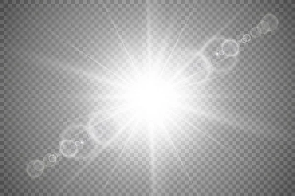 Efecto de luz de destello de lente especial de luz solar transparente vectorial. Flash de sol con rayos y proyector — Vector de stock