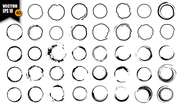 Vector set of processed ink black brushes for creating closed frames of any shape. Collection of monochrome textured grunge painted circular rings. To create frames, borders, dividers, banners — Stock Vector