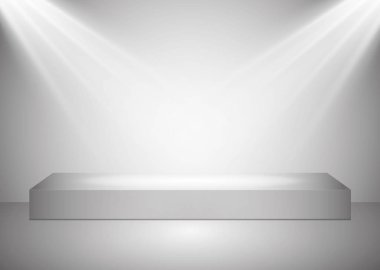Gri bir arka plan üzerinde spot ışıkları ile aydınlatılmış bir cam kaide veya platform ile dikdörtgen bir podyum. Pitoresk ışıklar ile sahne. Vektör çizimi