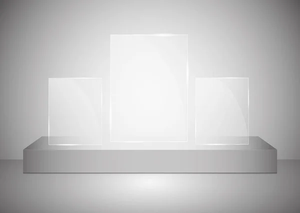 Un podium rectangulaire avec un socle en verre ou une plate-forme éclairée par des projecteurs sur un fond gris. Scène avec des lumières pittoresques. Illustration vectorielle — Image vectorielle