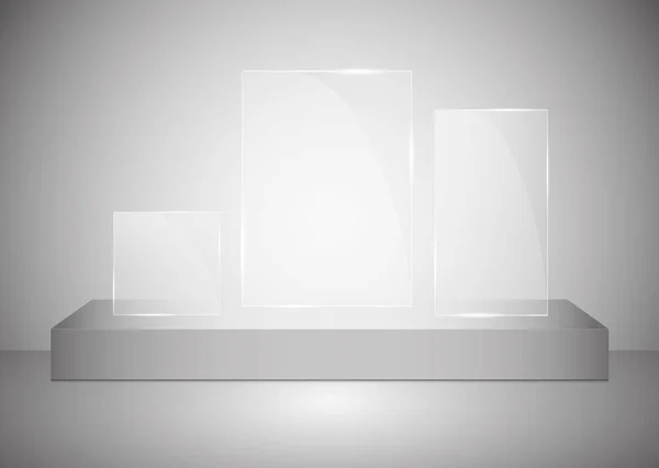 Un podium rectangulaire avec un socle en verre ou une plate-forme éclairée par des projecteurs sur un fond gris. Scène avec des lumières pittoresques. Illustration vectorielle — Image vectorielle