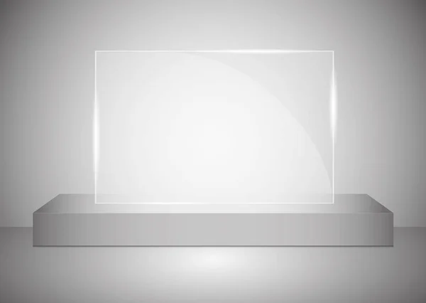 Un podio rettangolare con piedistallo o piattaforma in vetro illuminato da faretti su sfondo grigio. Scena con luci pittoresche. Illustrazione vettoriale — Vettoriale Stock
