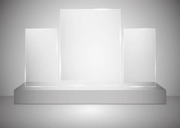 Un podio rettangolare con piedistallo o piattaforma in vetro illuminato da faretti su sfondo grigio. Scena con luci pittoresche. Illustrazione vettoriale — Vettoriale Stock