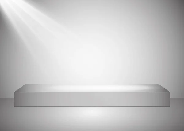 Un podio rectangular con un pedestal de cristal o plataforma iluminado por focos sobre un fondo gris. Escena con luces pintorescas. Ilustración vectorial — Archivo Imágenes Vectoriales