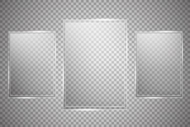 Cam levhalar yerleştirildi. Şeffaf bir arkaplanda vektör cam pankartlar. Bardak. Cam resimler. Renk çerçeveleri.