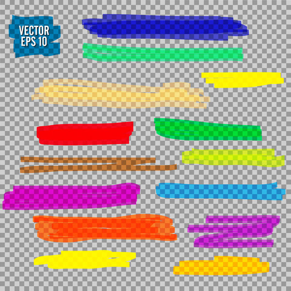 Цветные маркеры установлены. Желтые, зеленые, фиолетовые, красные и оранжевые маркеры. Прозрачные линии кисти
.