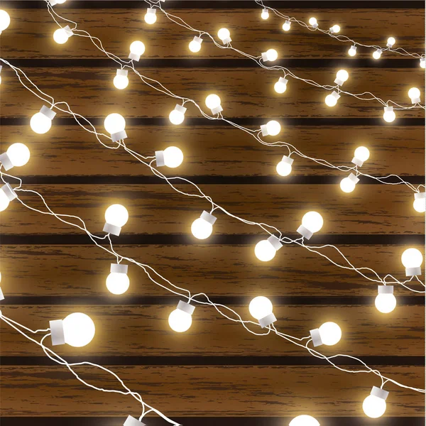 Christmas lights isolated on dark wooden background. Glow garland. Vector glow xmas light bulbs on wires. — Stock Vector