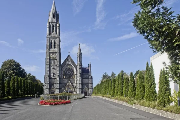 Eine Kirche Mit Einer Baumreihe Auf Jeder Seite Und Blumen — Stockfoto