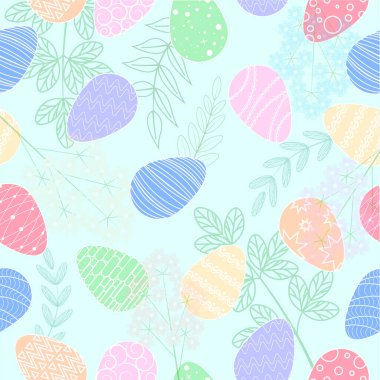 Vektör çizimi. Kusursuz desen. Paskalya yumurtaları. Yapraklar ve çiçekler. Mavi Kart arkaplanı