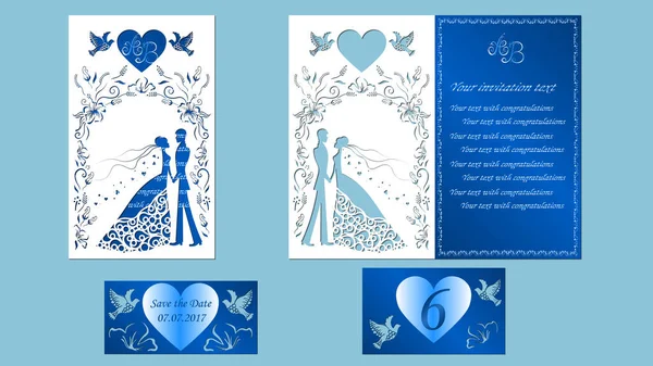 Illustrazione Vettoriale Cartolina Invito Biglietto Auguri Con Sposo Sposa Sotto — Vettoriale Stock