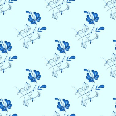 Rus gzhel tarzında mavi tekstil vektörü kusursuz desen