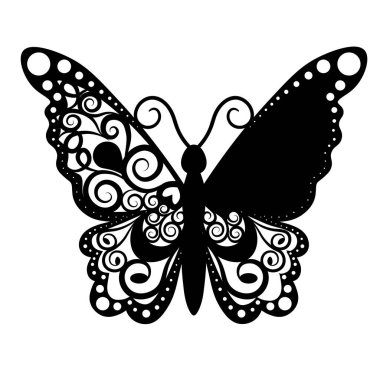 Vektör kesim kelebeği, lazer kesim düğün yeri kartı, dekoratif kart. kağıt siyah