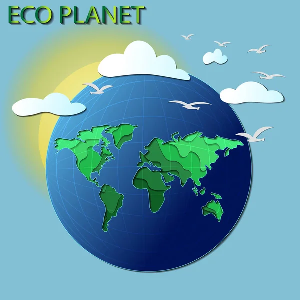 Ecología Papel Sol Planeta Inscripción Aves Eco Planet — Vector de stock