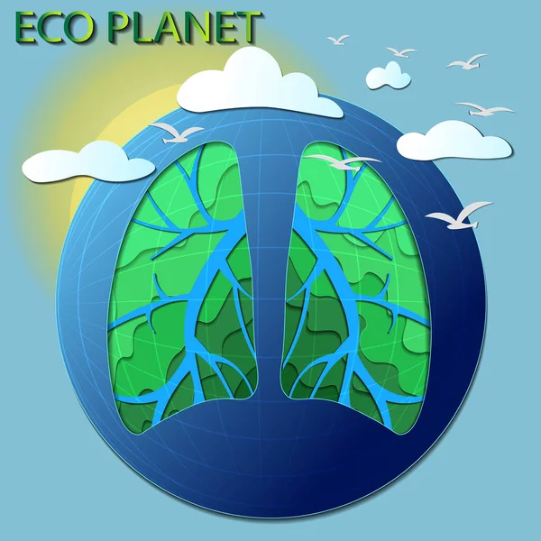 Vectorillustratie Eco Wereld Land Planeet Aardbol Groene Natuur Rivieren Zon — Stockvector