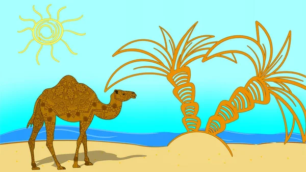 Vektorillustration Ägypten Strand Und Meer Ein Kamel Mit Mandala — Stockvektor