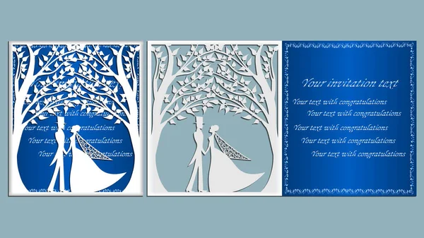 Векторная Иллюстрация Приглашение Поздравительная Открытка Женихом Невестой Деревьями Патент Стрижку — стоковый вектор
