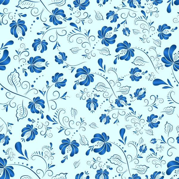 Blauwe Bloemen Textiel Vector Naadloos Patroon Russische Gzhel Stijl — Stockvector