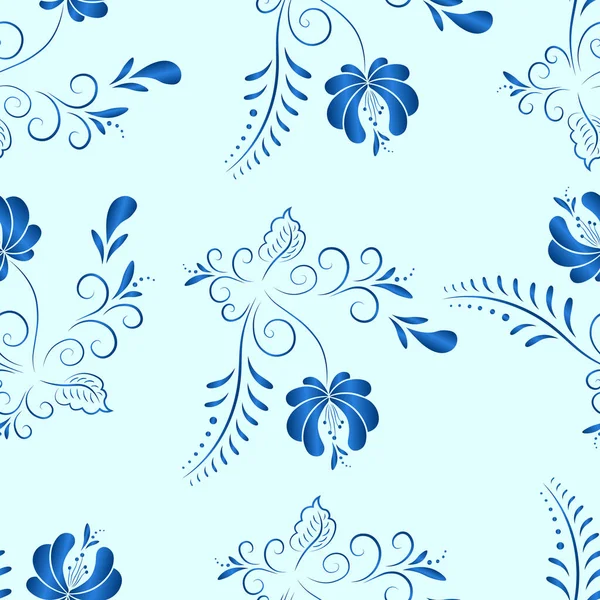 Padrão Tecido Floral Azul Sem Costura Vetor Estilo Gzhel Russo — Vetor de Stock