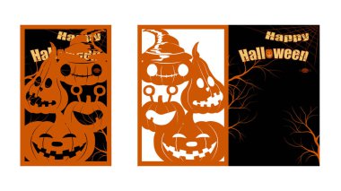 Lazer kesimi ve davetiye kartları için Pumpkins 'le Cadılar Bayramı İllüzyonu. Yazıt - Mutlu Cadılar Bayramı