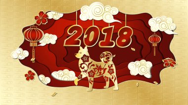 Köpek, 2018 Çin Yeni Yılı 'nın bir sembolüdür. Kağıt kesiği sanat. Tebrik kartları, takvimler, afişler, posterler, davetiyeler için tasarım