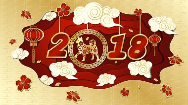 Köpek, 2018 Çin Yeni Yılı 'nın bir sembolüdür. Kağıt kesiği sanat. Tebrik kartları, takvimler, afişler, posterler, davetiyeler için tasarım