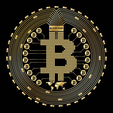 Siyah arka planda şifreli altın sikke. Vektör çizimi. Logolar, yazdırma ürünleri, sayfa ve web dekor veya diğer tasarım için kullan.