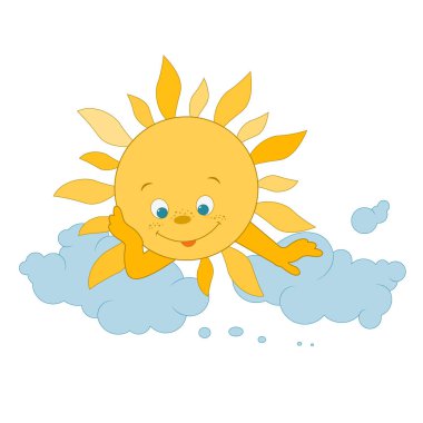 Şirin güneş ve bulut. Vektör çizimi. Çocuklar için kart.