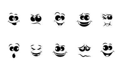 Beyaz arkaplanda izole edilmiş bir ifade dizisi, emoji simgesi. Siyah ve beyaz