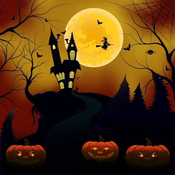Halloween Pozadí Temný Hrad Hřbitov Dýňovou Hlavou Čarodějnicí Měsícem — Stockový vektor
